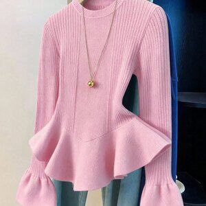 Pink Women's Elegant Peplum Hem Ribbed Knit Sweater, Minimalist